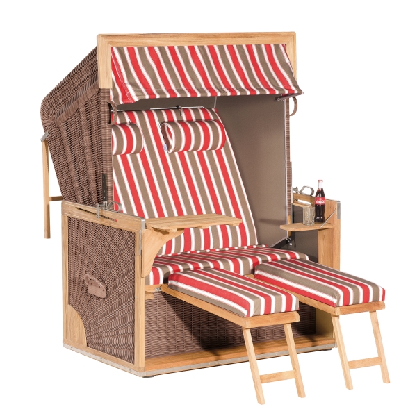 Gartenstrandkorb Admiral 3/4-Liegemodell, 2-Sitzer-XL, Teak PE-Kunststoffgeflecht antik-braun Stoff-Dessin Filo-Rosso